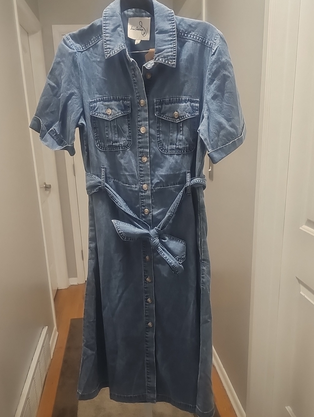 Sam Edelman Blue Denim Button-Front Midi Dress with Tie Waist